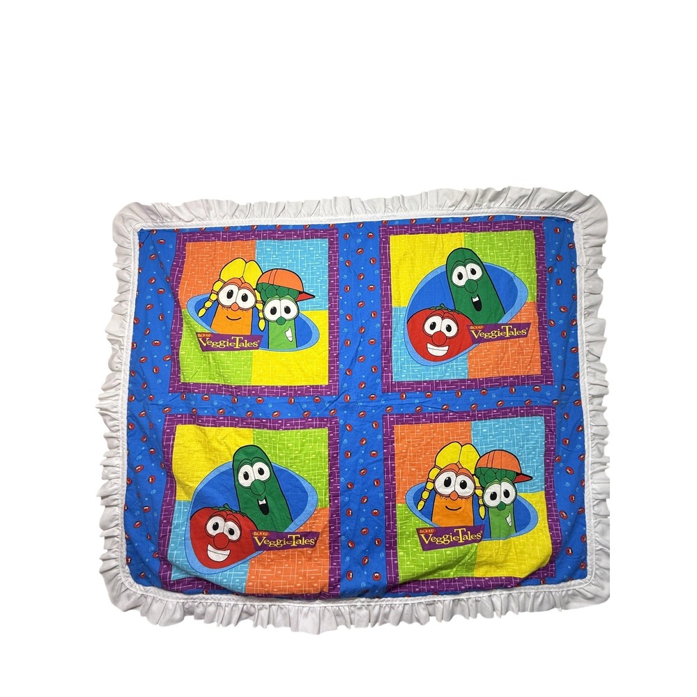 Vintage VeggieTales Baby Blanket Crib Quilt Ruffle Edge Bob Larry Laura Blue